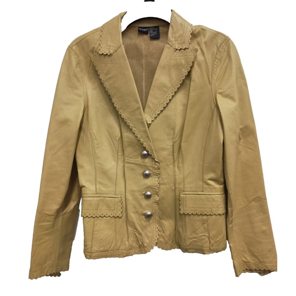 VTG Y2K Cami Leather Jacket Womens Size 8 Mustard Yellow Retro Preppy Academia‎